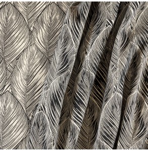 Tissu-280cm-jacquard-feuilles-noir-blanc-doré