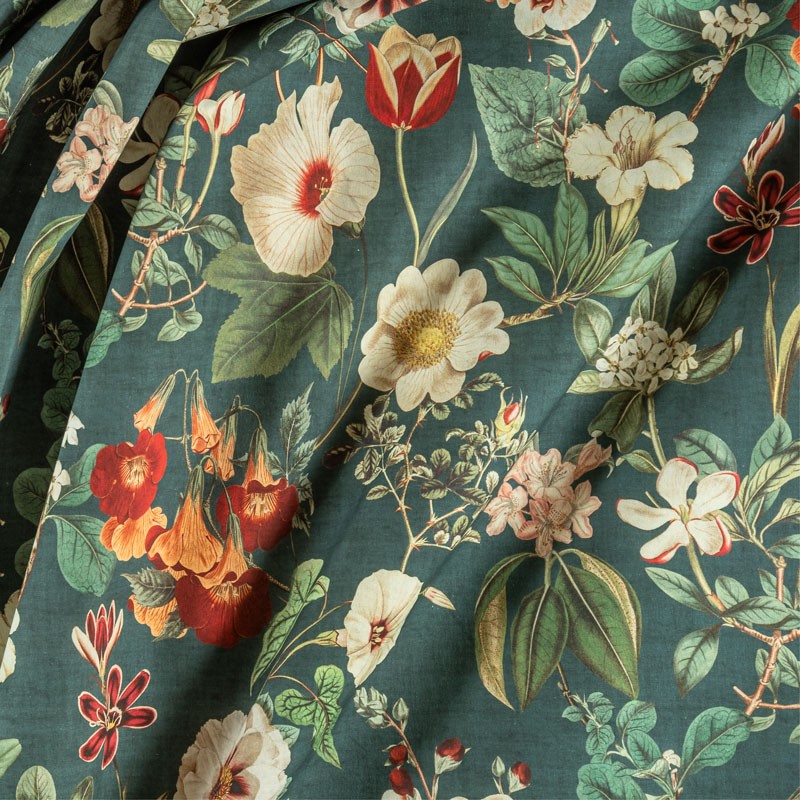 Tissu-280cm-coton-motif-floral-fond-vert-sapin