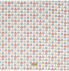 Tissu coton blanc petit motif bleu roux taupe