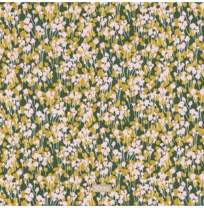 Tissu coton vert fleur rose