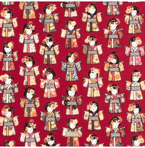 Tissu coton rouge motif geishas