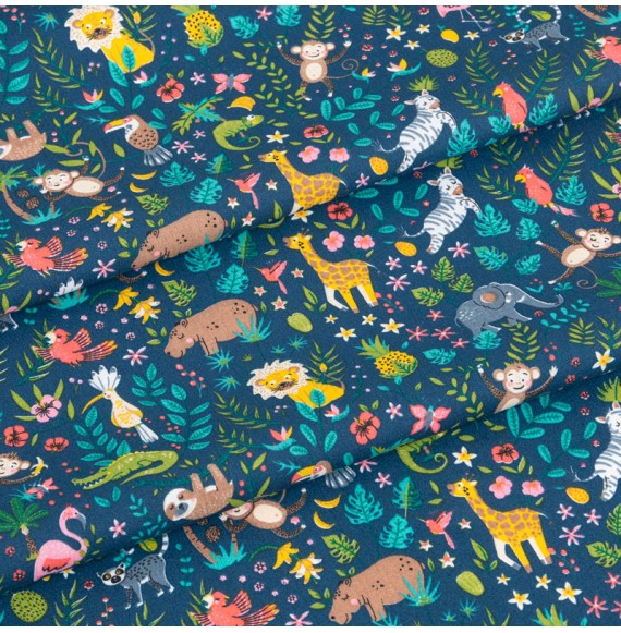 Tissu-coton-bleu-marine-animaux