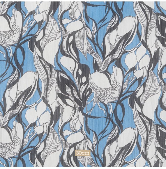 Tissu crepe bleu motif algues