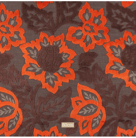 Tissu velours ameublement brun fleur orange