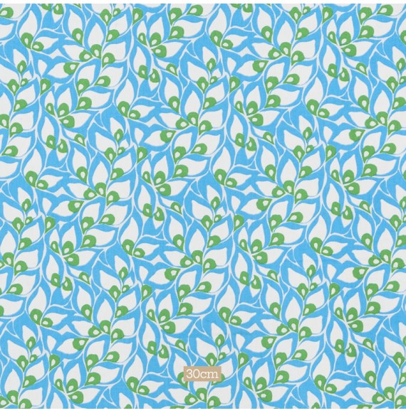 Tissu coton blanc motif bleu vert