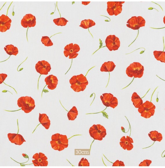 Tissu coton blanc cassé coquelicot