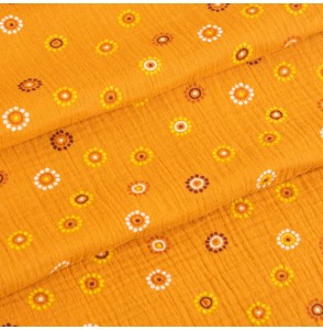 Tissu-tetra-double-gaze-imprimé-orange-fleur