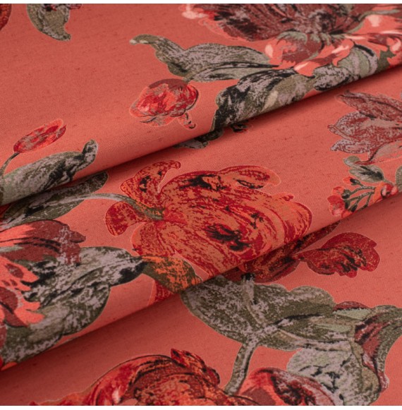 Tissu-coton-lin-rouge-grandes-fleurs