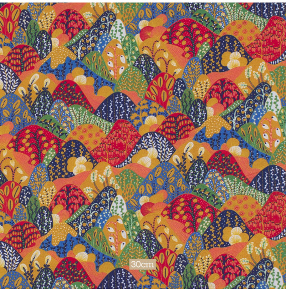 Tissu-viscose-rouge-paysage-fleuri-japonais