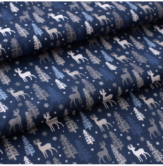 Tissu-coton-Noël-bleu-marine-renne-argenté