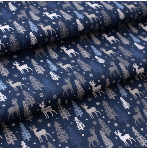 Tissu-coton-Noël-bleu-marine-renne-argenté