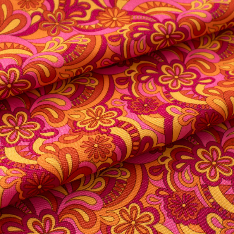 Tissu-polyester-imprimé-vintage-orange-et-rose
