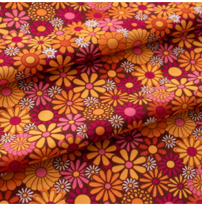 Polyetster-stof-met-vintage-print-oranje-en-roos-gebloemd