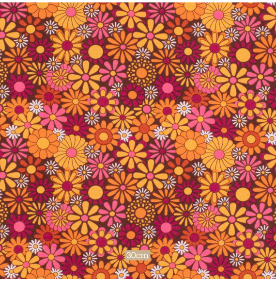 Polyetster-stof-met-vintage-print-oranje-en-roos-gebloemd