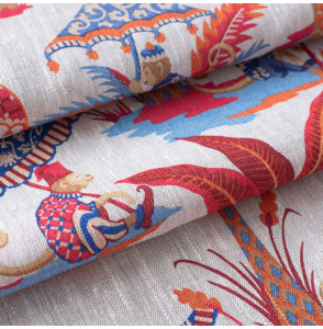 Tissu-lin-naturel-motif-singe-rouge-et-bleu