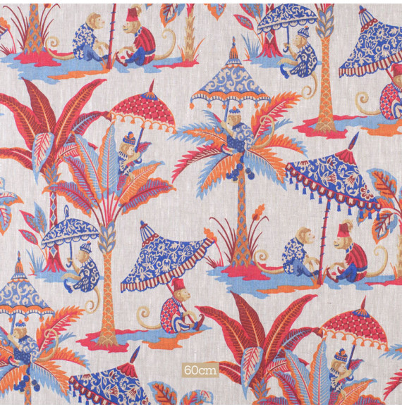 Tissu-lin-naturel-motif-singe-rouge-et-bleu