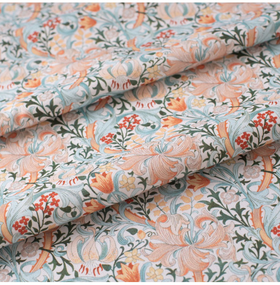 Tissu-coton-fleuri-look-art-nouveau-bleu-et-orange