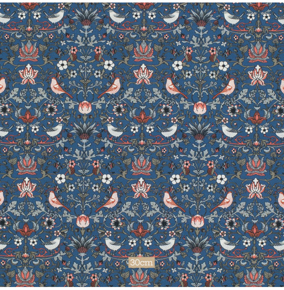 Tissu-coton-fleuri-look-art-nouveau-bleu-marine-oiseau