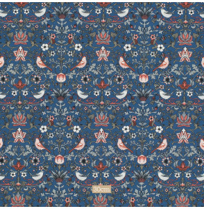 Tissu-coton-fleuri-look-art-nouveau-bleu-marine-oiseau