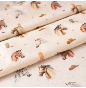 Tissu coton écru motif cheval