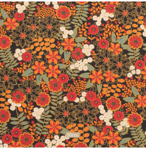 Tissu-coton-fleuri-orange-sur-fond-noir