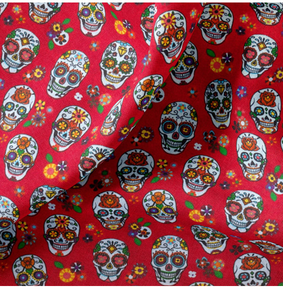 Tissu-coton-rouge-Calavera