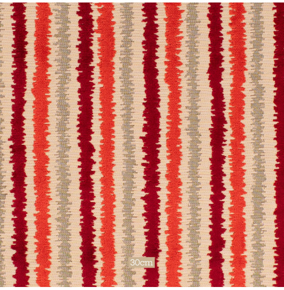 Tissu-velours-ameublement-ligné-rouge-fond-beige