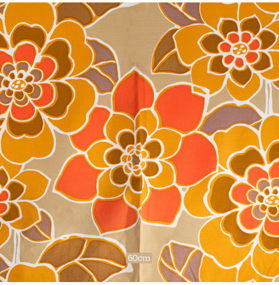 Authentiek-vintage-stof--jaren-70--oranje-en-oker-bloemen