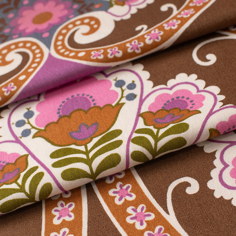 Tissu-vintage--authentique-années-70-fleuri-rose-et-brun