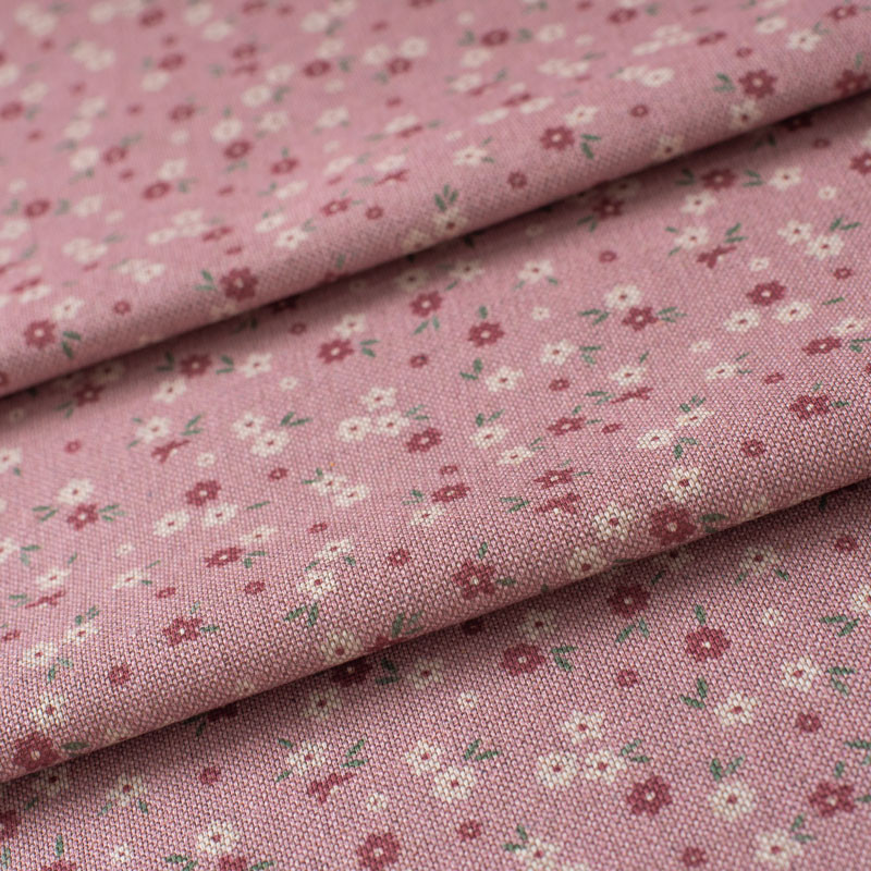 Tissu-ameublement-look-lin-rose-petite-fleur