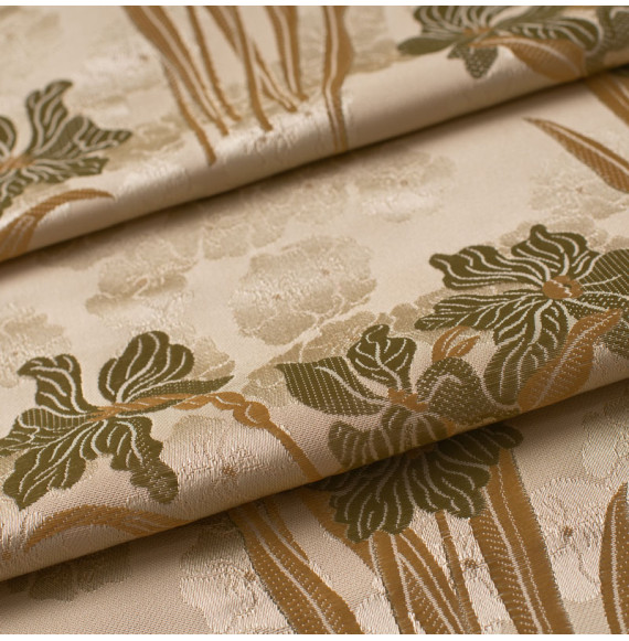 Tissu-jacquard-soie-viscose-narcisses-beige-vert