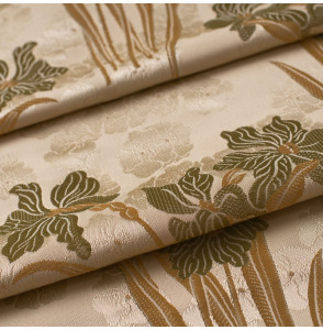 Jacquard-zijde-viscose-beige-met-narcissen-groen-goud