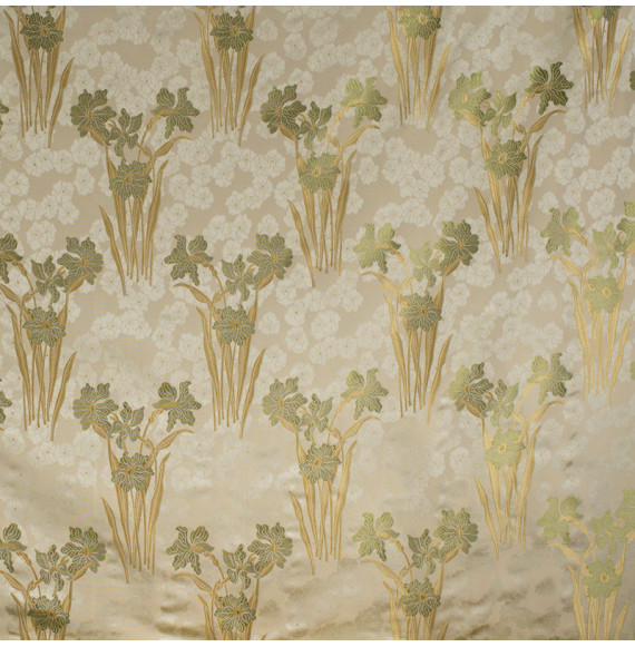 Jacquard zijde viscose beige met  narcissen groen goud