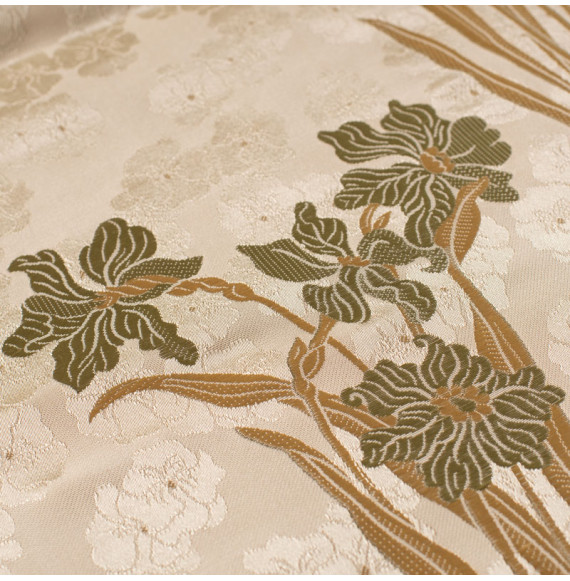 Jacquard zijde viscose beige met  narcissen groen goud