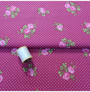 Coupon-1m90-tissu-coton-vintage-roses-sur-fond-rose-à-pois-blancs