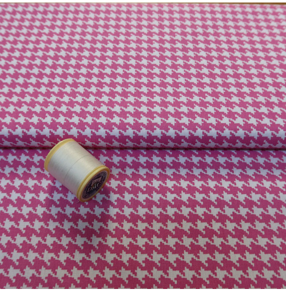Coupon-1m80-stof-katoen-vintage-roze-en-witte-pied-de-poule