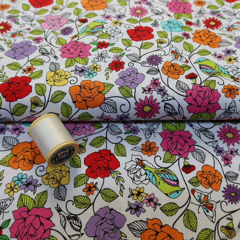 Coupon-2m60-tissu-coton-made-in-the-U.S.A.-fleurs-multicolores