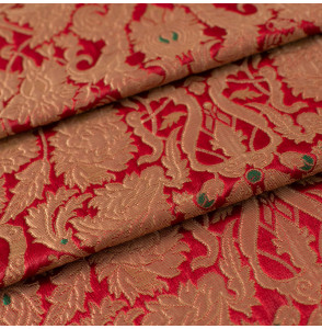 Stof-brokaat-90cm-groen-rood-en-goud-met-bloemen