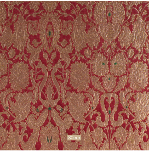Tissu-brocard-90cm-vert-rouge-et-or-fleuri