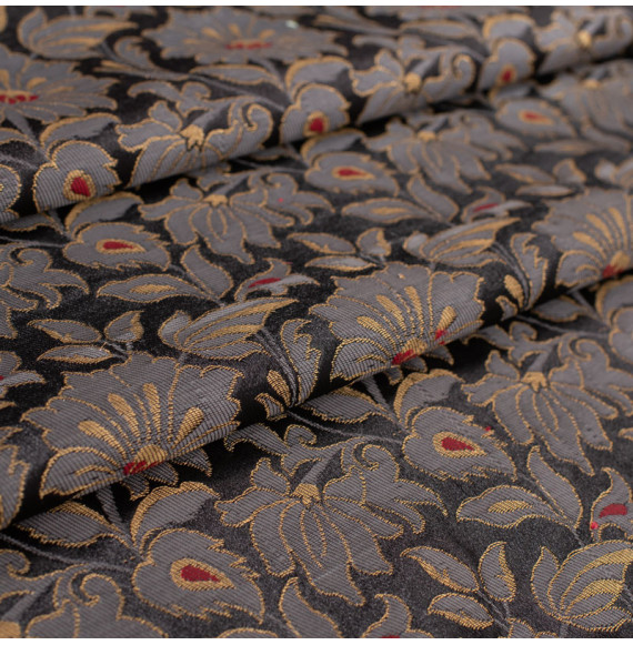 Stof-brokaat-90cm-zwart-grijs-en-goud-met-bloemen