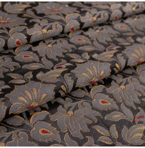 Stof-brokaat-90cm-zwart-grijs-en-goud-met-bloemen