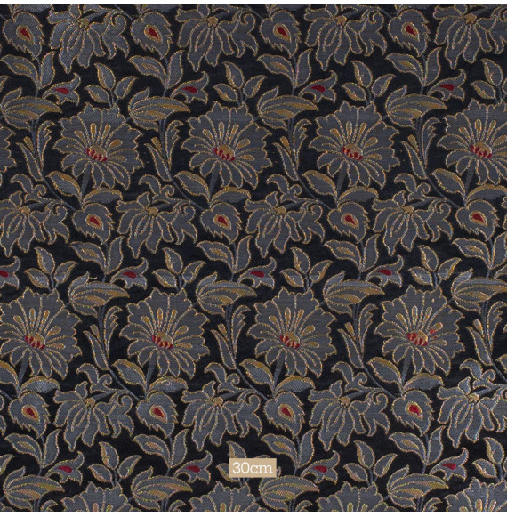 Stof-brokaat-90cm-zwart-grijs-en-goud-met-bloemen