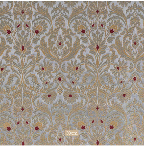 Stof-brokaat-90cm-grijs-en-goud-met-bloemen