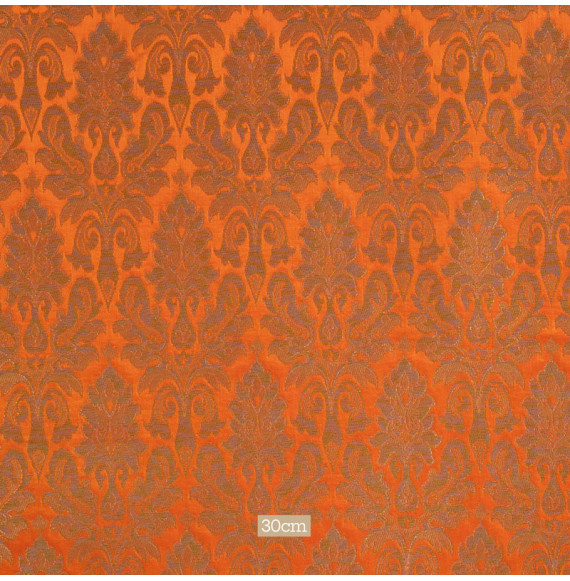 Stof-brokaat-90cm-orange-en-goud-klassiek-patroon