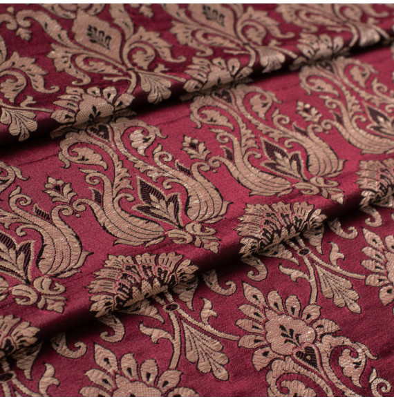 Stof-brokaat-110cm-aubergine-champagne-indisch