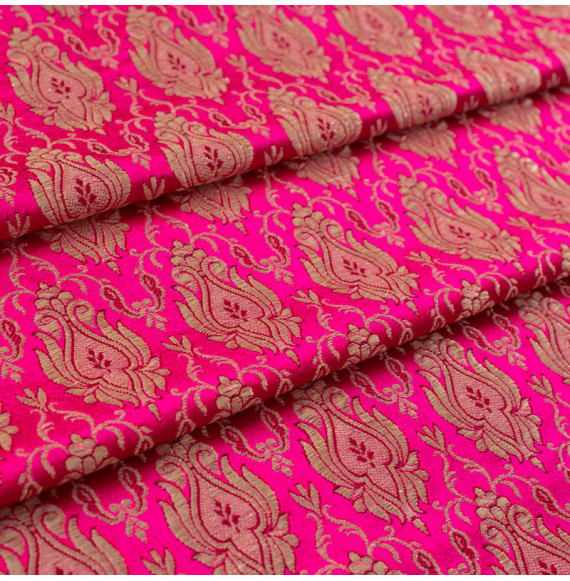 Stof-brokaat-110cm-fuchsia-champagne-indisch