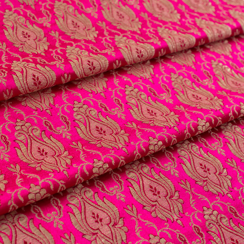Stof-brokaat-110cm-fuchsia-champagne-indisch