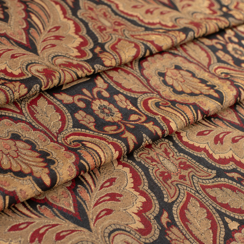 Stof-brokaat-110cm-zwart-rood-en-goud--indisch