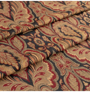 Stof-brokaat-110cm-zwart-rood-en-goud--indisch