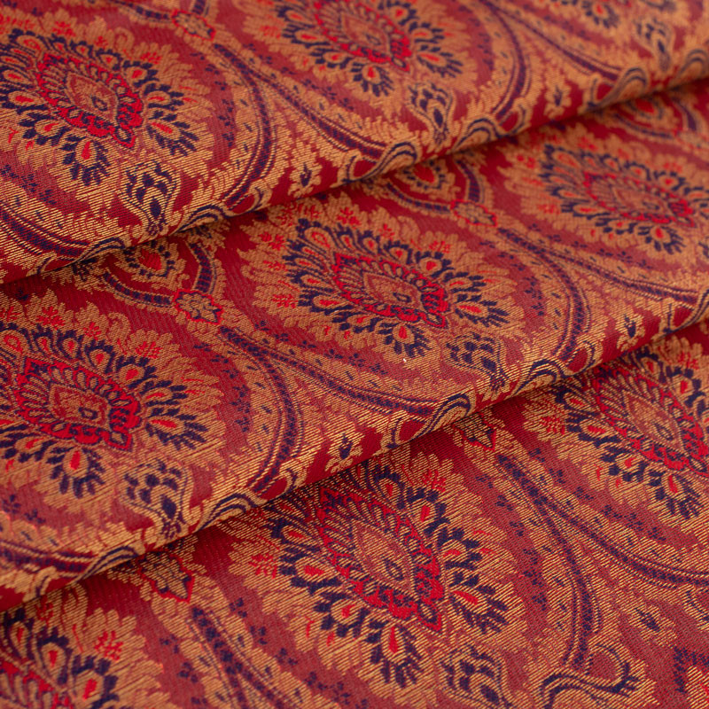 Stof-brokaat-110cm-indisch-rood-blauw-en-goud